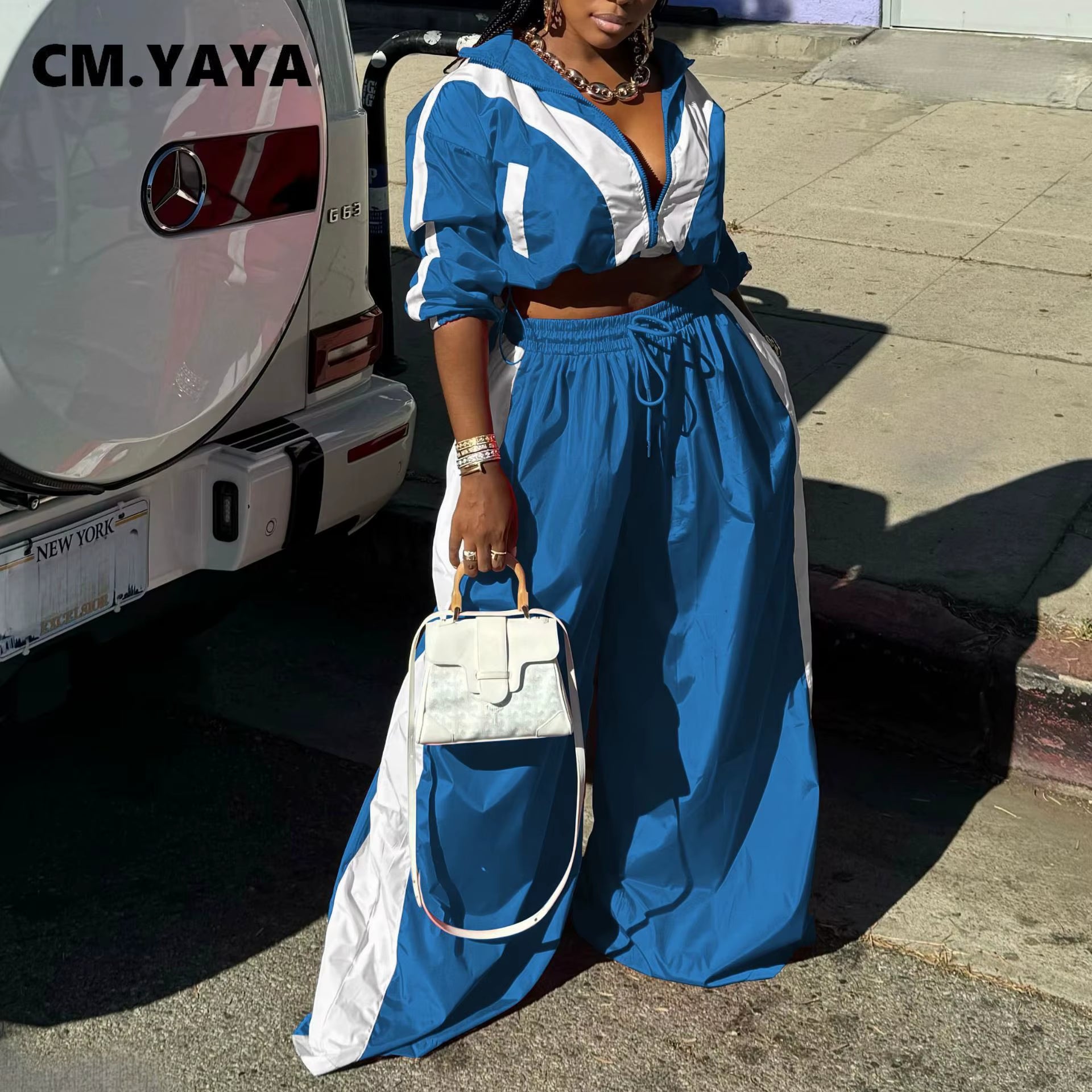 Active Patchwork Women'S Set Zipper Sweatshirt Jacket and Wide Leg Pants Suit 2025 INS Two 2 Piece Sets Outfit Tracksuit