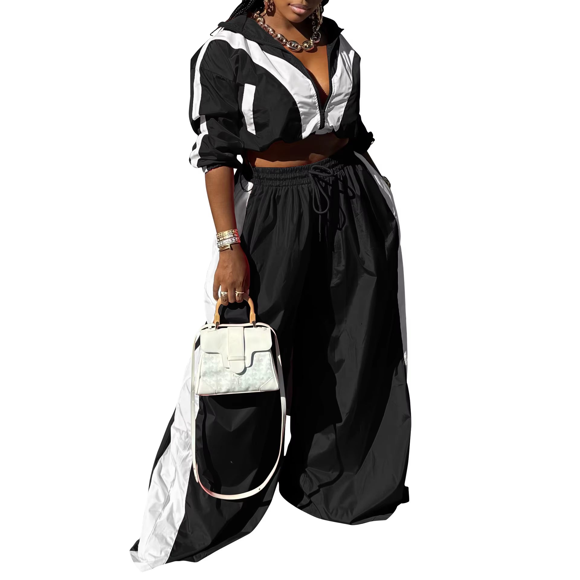 Active Patchwork Women'S Set Zipper Sweatshirt Jacket and Wide Leg Pants Suit 2025 INS Two 2 Piece Sets Outfit Tracksuit