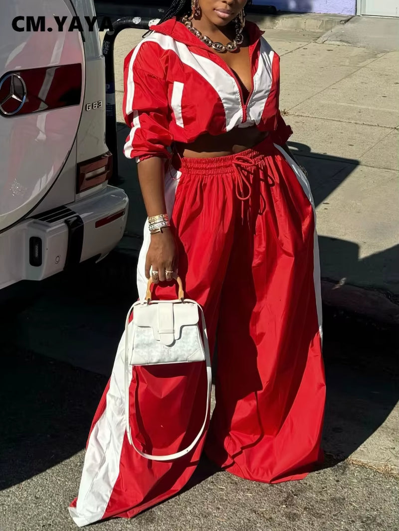 Active Patchwork Women'S Set Zipper Sweatshirt Jacket and Wide Leg Pants Suit 2025 INS Two 2 Piece Sets Outfit Tracksuit