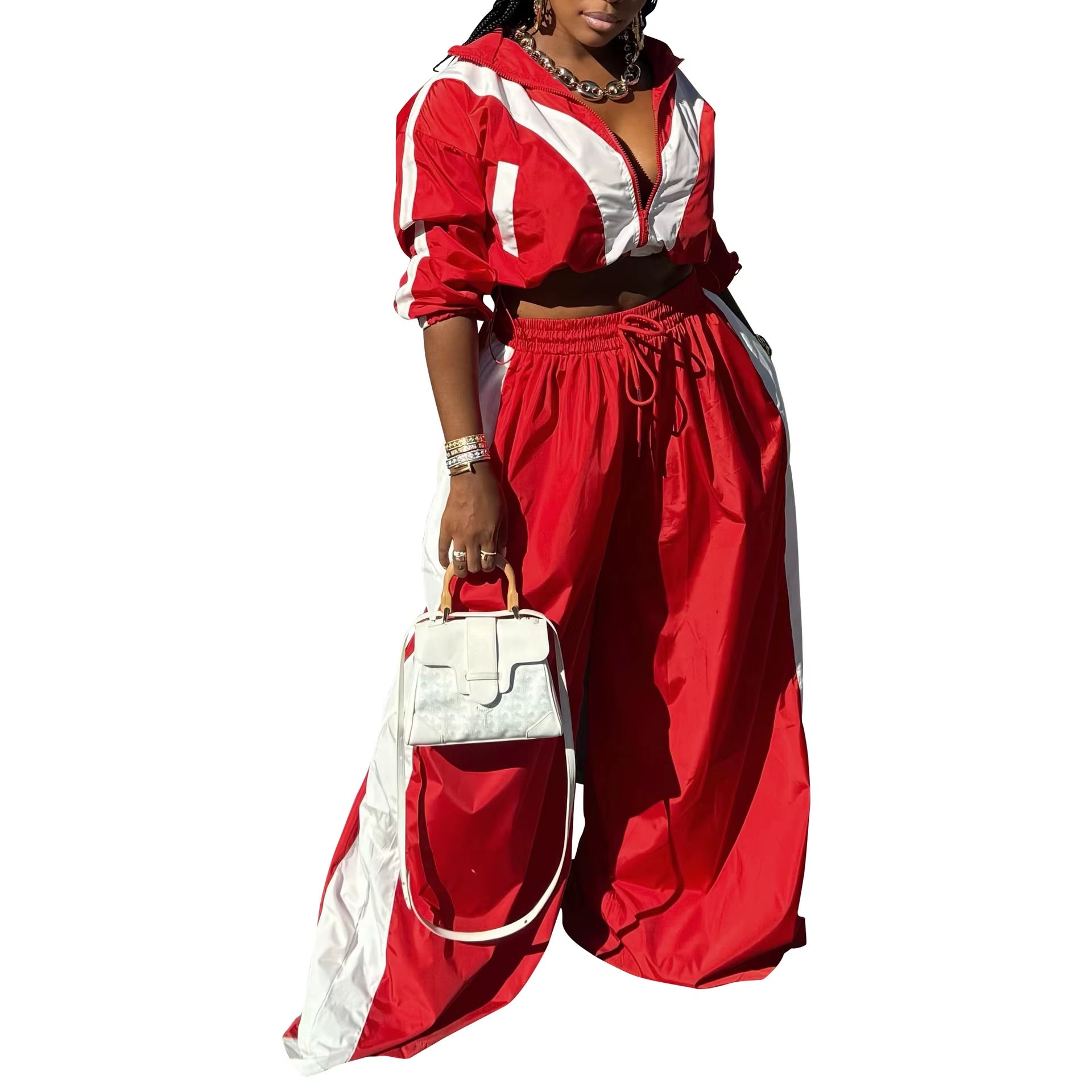 Active Patchwork Women'S Set Zipper Sweatshirt Jacket and Wide Leg Pants Suit 2025 INS Two 2 Piece Sets Outfit Tracksuit