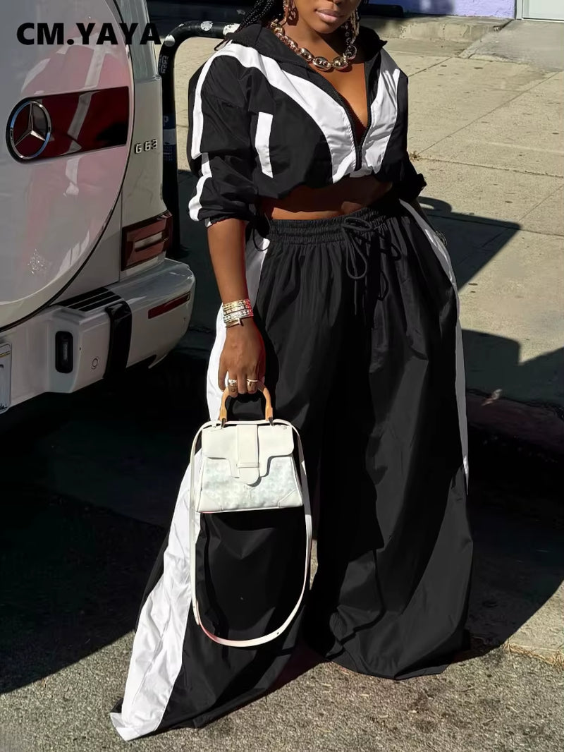 Active Patchwork Women'S Set Zipper Sweatshirt Jacket and Wide Leg Pants Suit 2025 INS Two 2 Piece Sets Outfit Tracksuit