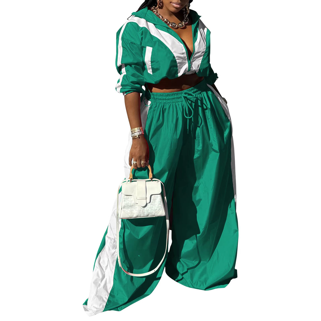 Active Patchwork Women'S Set Zipper Sweatshirt Jacket and Wide Leg Pants Suit 2025 INS Two 2 Piece Sets Outfit Tracksuit