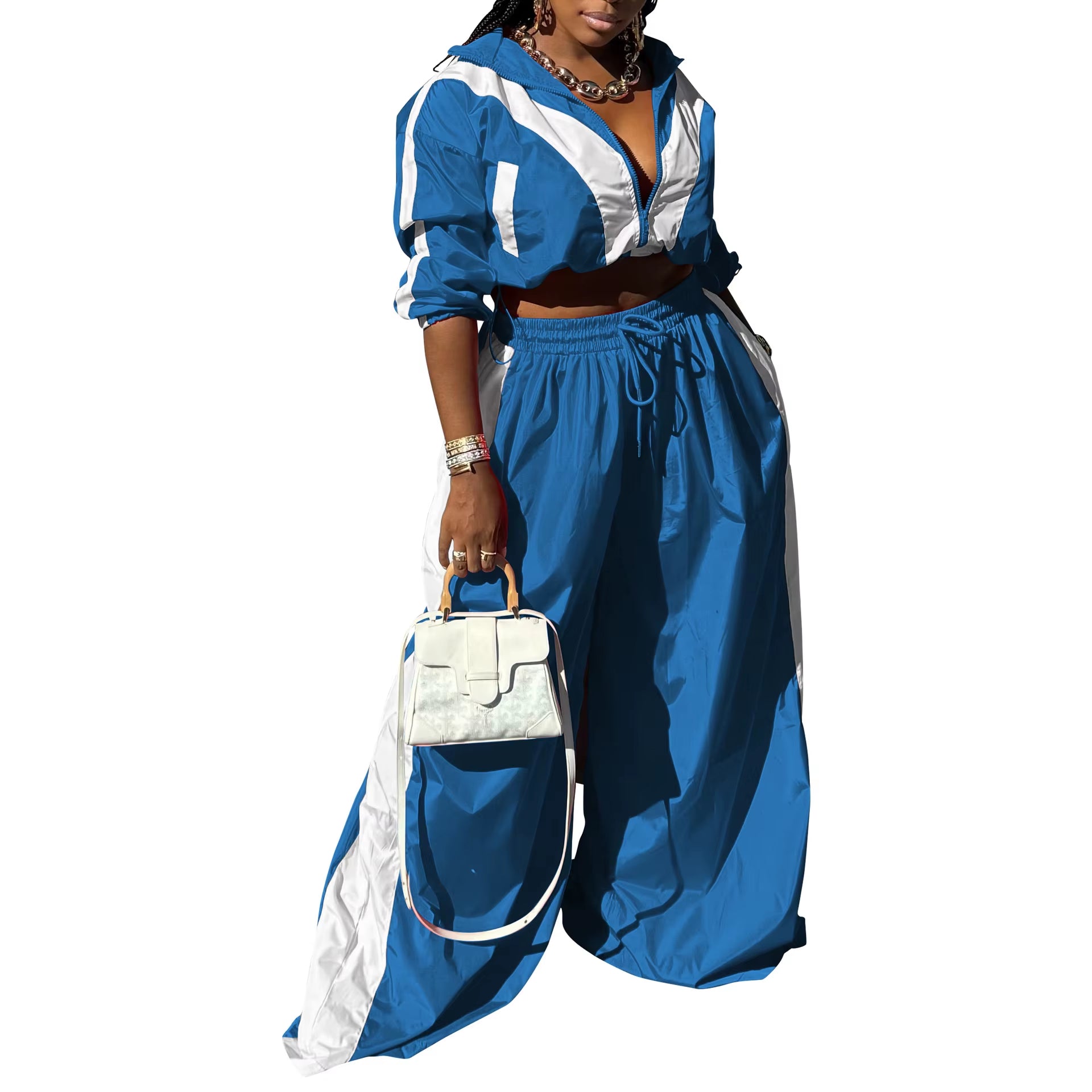 Active Patchwork Women'S Set Zipper Sweatshirt Jacket and Wide Leg Pants Suit 2025 INS Two 2 Piece Sets Outfit Tracksuit